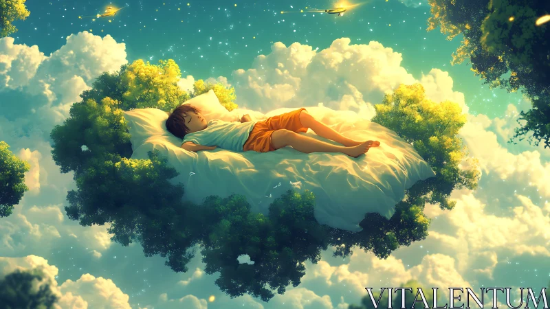 Dreaming child floats on a cloud bed in golden starlit sky.