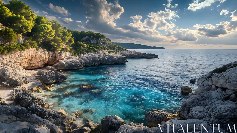 Coastal limestone cove with turquoise shallows at sunset.