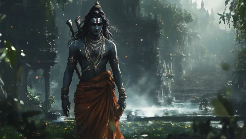 Mythic blue-skinned deity in mist-laden jungle temple ruins