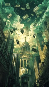 Skyward metropolis with falling currency and domed capital.