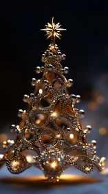 Ornate golden Christmas tree sculpture glows in soft bokeh light