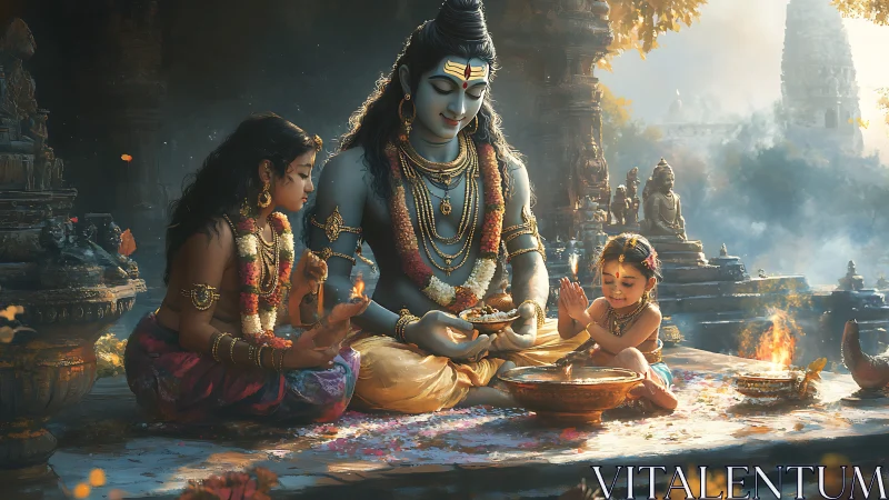 Divine family tableau renders devotional ritual in warm haze