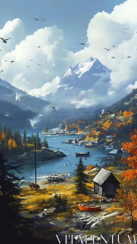 Snowy mountain towers above autumn lake cabin landscape