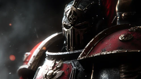 Armored war knight in crimson plate under cinematic light