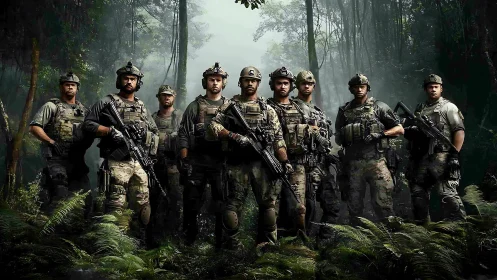 Jungle strike squad standing firm in mist-wrapped forest.
