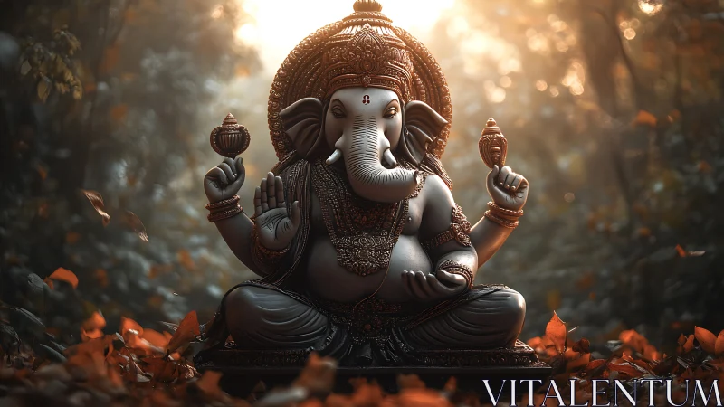 Photorealistic Ganesha idol with warm bokeh forest backdrop.