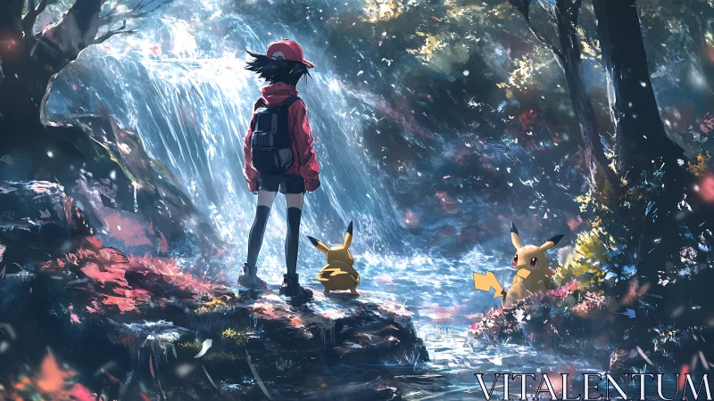 Anime trainer and Pikachu framed by luminous forest waterfall