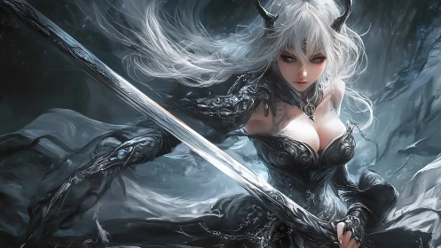 Dark fantasy swordmistress in dynamic diagonal composition.