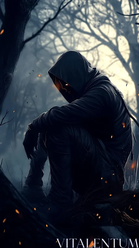 Hooded ember-souled wanderer brooding in the ashwood dusk.