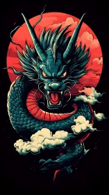 Fierce teal dragon swirling before a blazing red moon.
