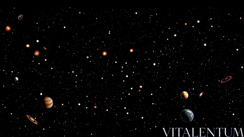 Star-salted cosmos with wandering planets and quiet worlds.