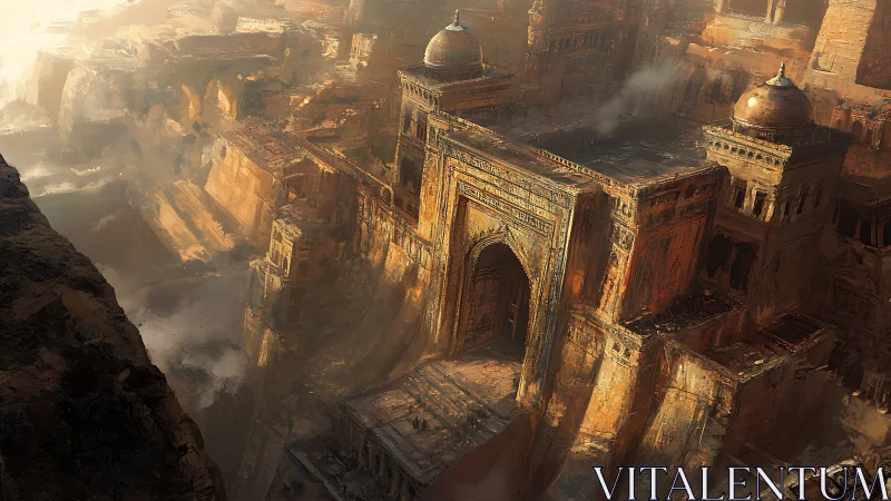 Ancient cliffside fortress city with massive central gate.