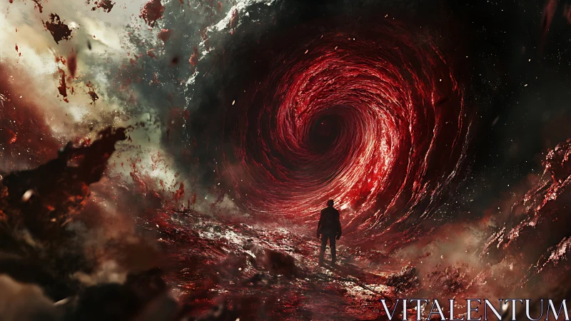 Lone figure stands before swirling red cosmic vortex
