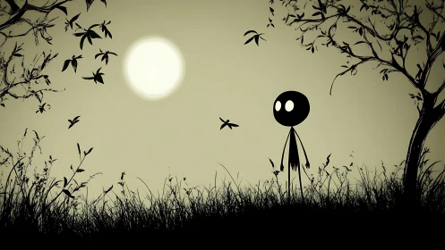 Stick figure stands under large white moon in grassy field