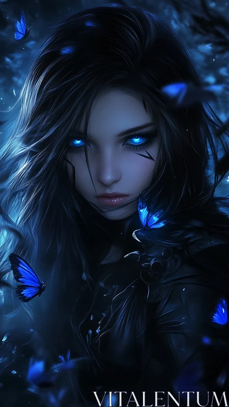 Digital painting portrait with neon-eyed sorceress and butterflies.