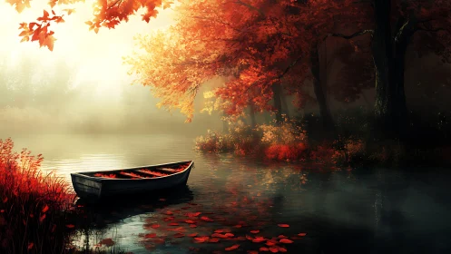 Golden autumn boat rests softly beside a glowing forest lake