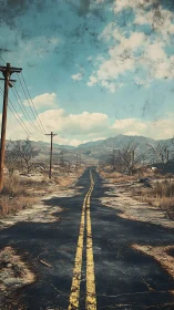 Deserted yellow highway stitches through cracked wasteland sky.