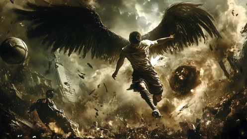 Winged street hero rises over stormy, shattered stadium skies.