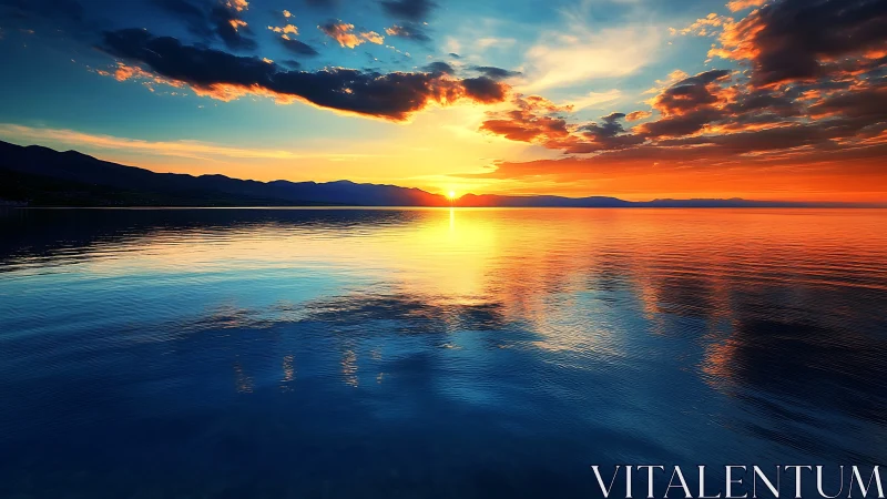 Digital seascape sunset with mirrored horizon symmetry rendering.