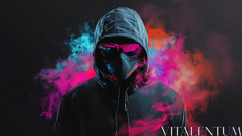 Masked hooded figure in neon smoke cloud on dark backdrop.