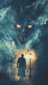 Silhouetted figure walks under lamplight beneath smoky skull form