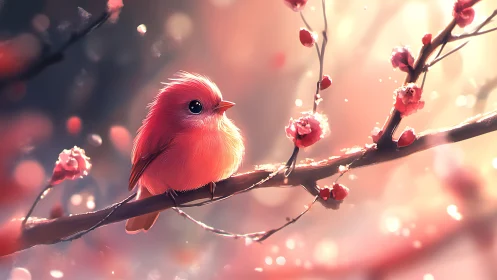 Blush-feathered songbird glowing amid dreamy spring petals.