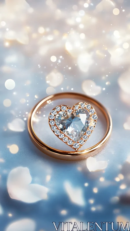 Rose gold heart-cut diamond ring in bokeh field of light.