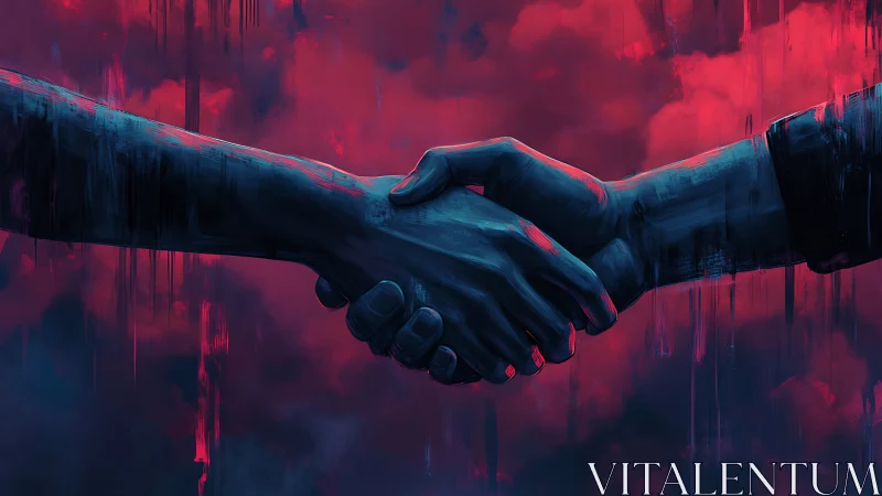 Blue hands lock in tense handshake against red storm backdrop