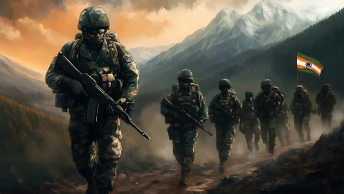 Mountain guardians march beneath ember skies of valor.