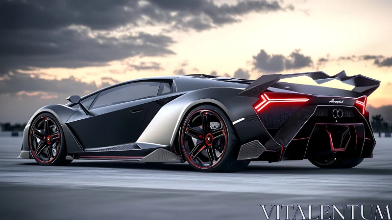 Futuristic supercar render shows angular rear design at dusk