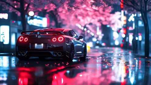 Sports car glows under neon rain on cherry blossom street.