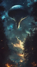 Large luminous vessel over night forest and mountains.