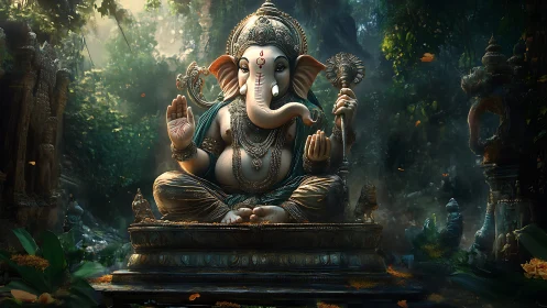 Ganesh statue in lush jungle temple with mystical light.