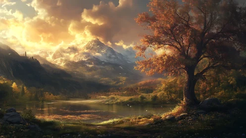 Mountain lake at sunset with autumn tree in foreground.