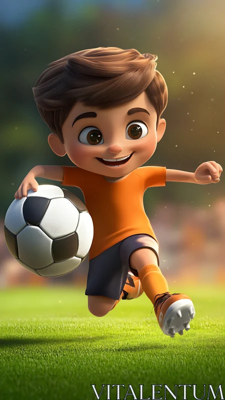 Joyful little soccer star racing across sunny green field.