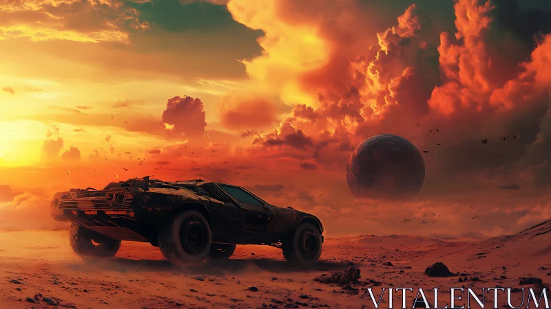 Desert rover crosses alien dunes under burning sunset sky.