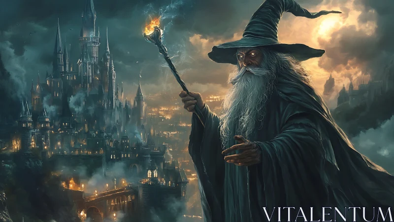 Kindly old wizard guiding a glowing city at dusk.