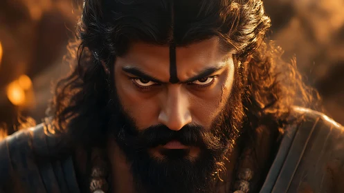 Intense warrior close-up glows in dramatic golden light.