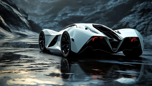 Low-slung white hypercar on wet canyon road, rear three-quarter