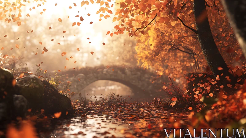 Golden autumn bridge over misty creek in soft focus.