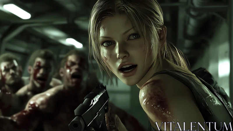 Cinematic 3D survivor portrait in claustrophobic corridor lighting.