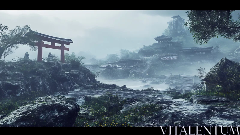 Misty Japanese shrine landscape with red torii gate.
