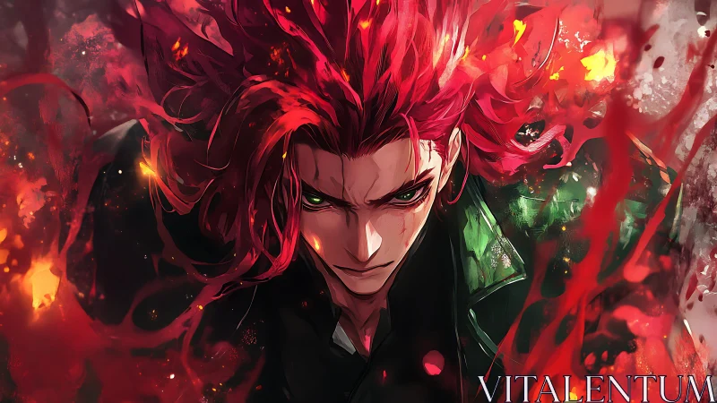 Fire-wreathed warrior unleashes red energy in fury.