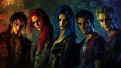 Edgy cyberpunk band stares down viewer in neon-kissed gloom