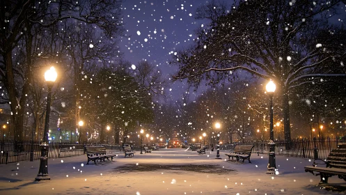Snowfall covers illuminated park walkway during night