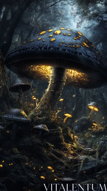 Glowing forest mushrooms casting gentle golden starlight.