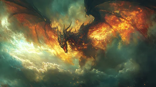 Fire dragon bursts through storm clouds in blazing motion