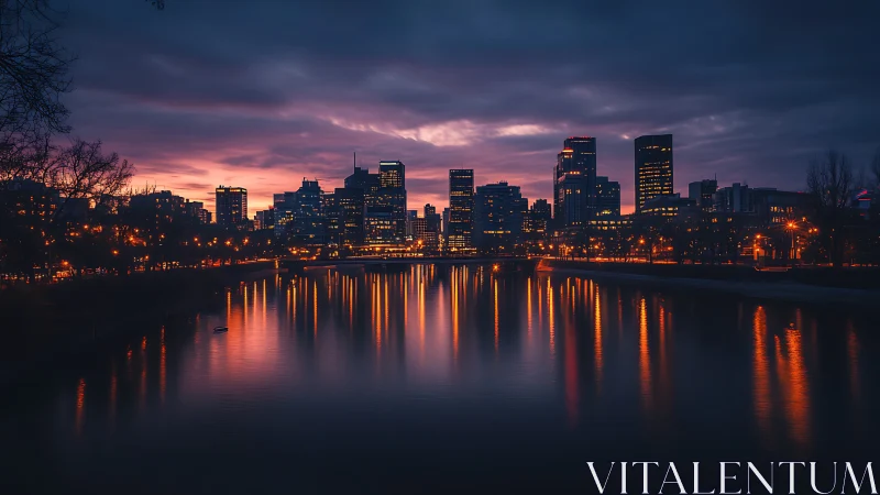 City skyline at dusk with river reflections and vivid glow.