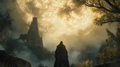 Cloaked figure observing distant fortress under bright sphere.