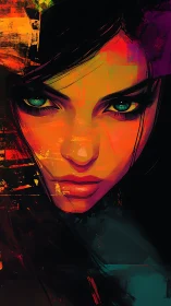 Intense neon portrait isolates piercing teal eyes and glare